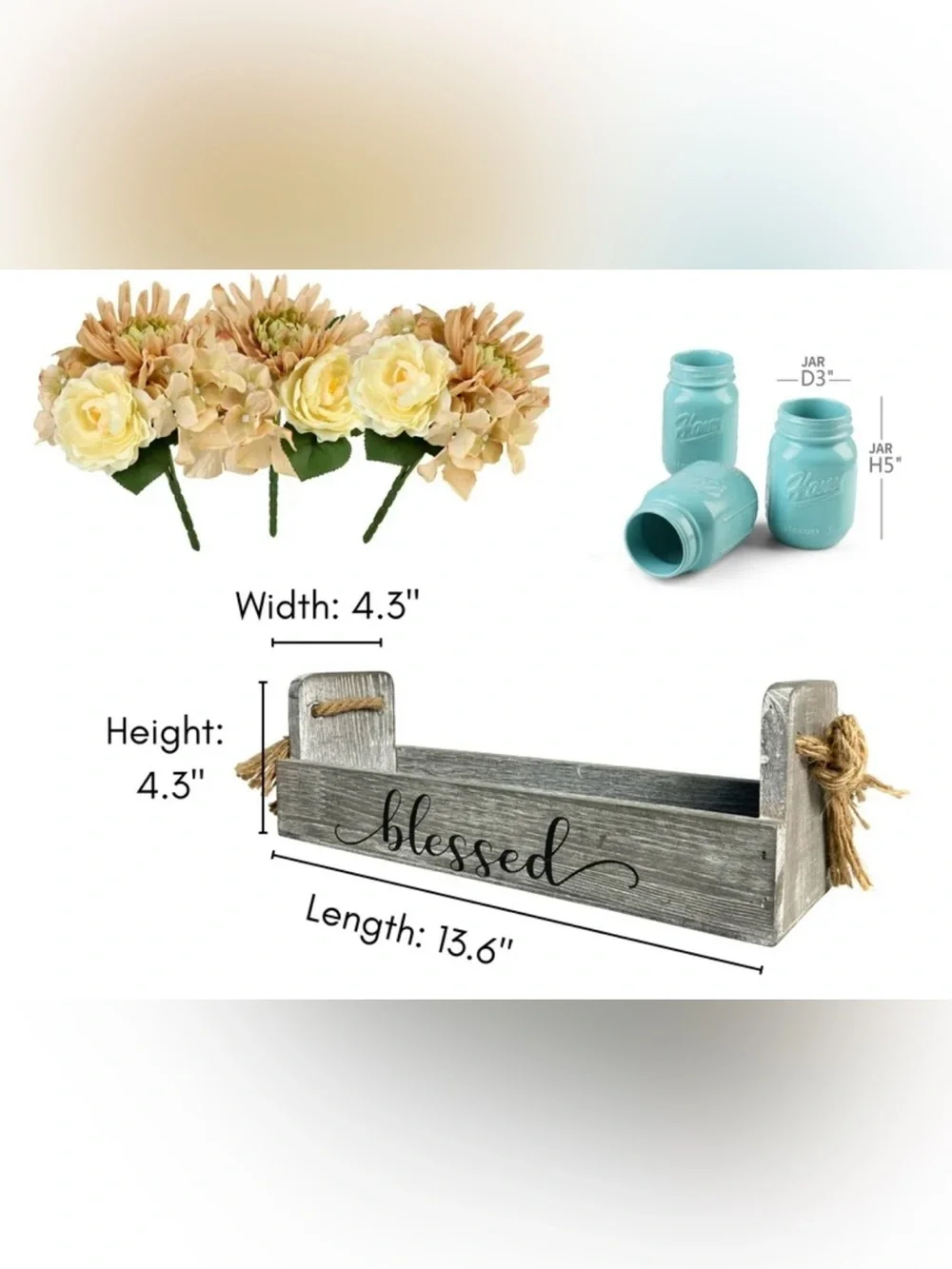 Decorative Blue Mason Jar Flower Arrangement with Cream & Peach Silk Blooms